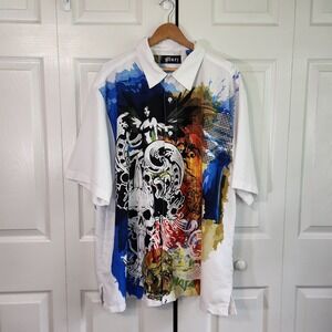 Bluez Mens Graphic Button Down Shirt 2XL White Blue Skull Angel Y2K Streetwear
